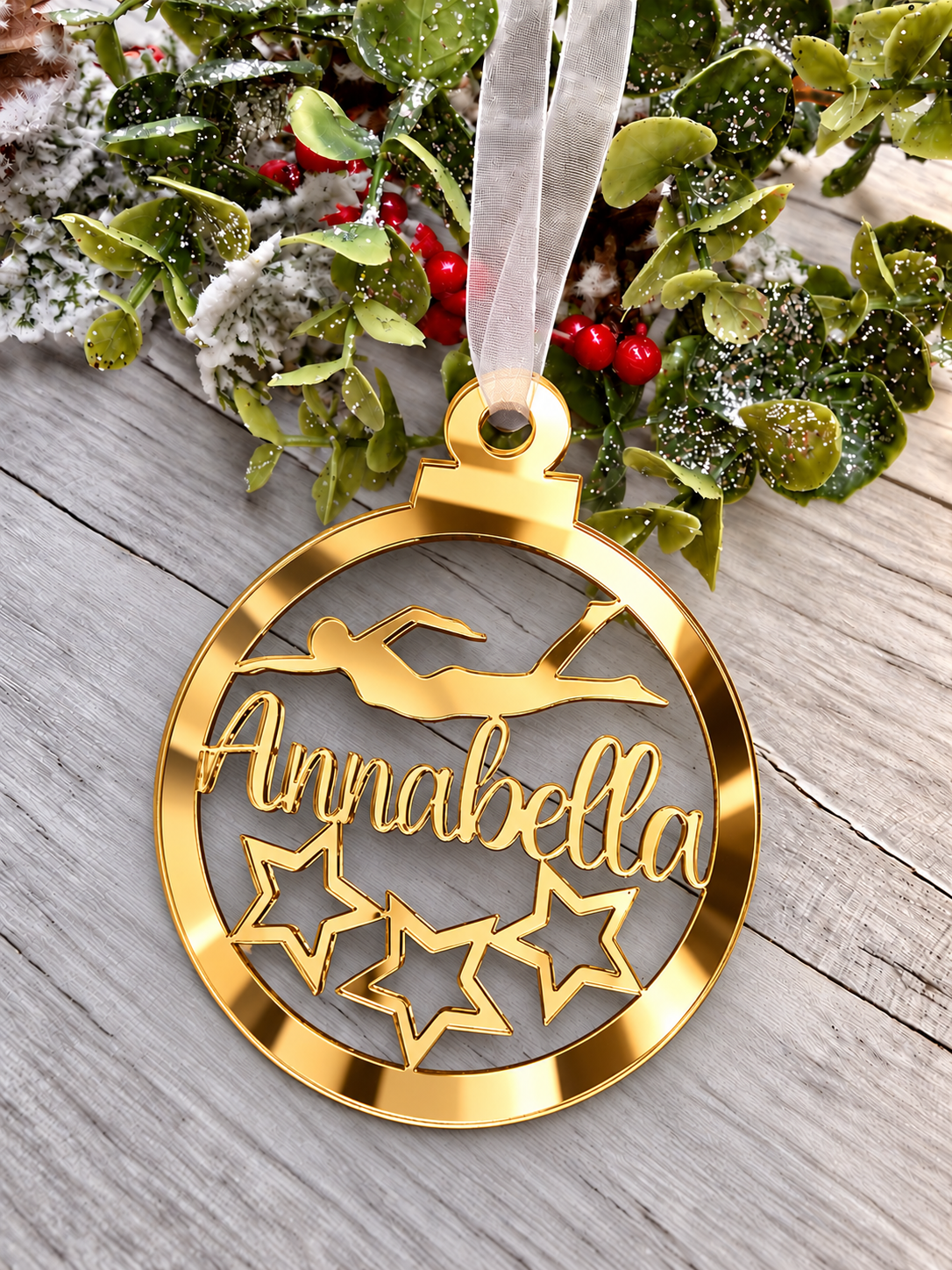 Load image into Gallery viewer, Personalised swimmer Christmas decoration in gold mirrored acrylic
