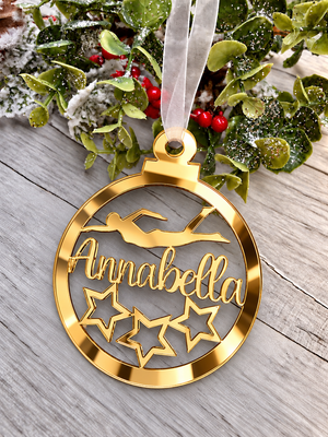 Personalised swimmer Christmas decoration in gold mirrored acrylic