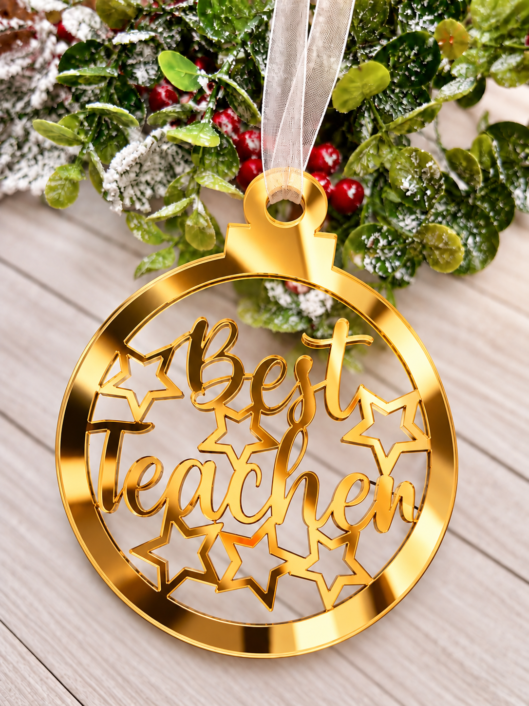Load image into Gallery viewer, Personalised Best Teacher bauble Christmas decoration in gold mirrored acrylic
