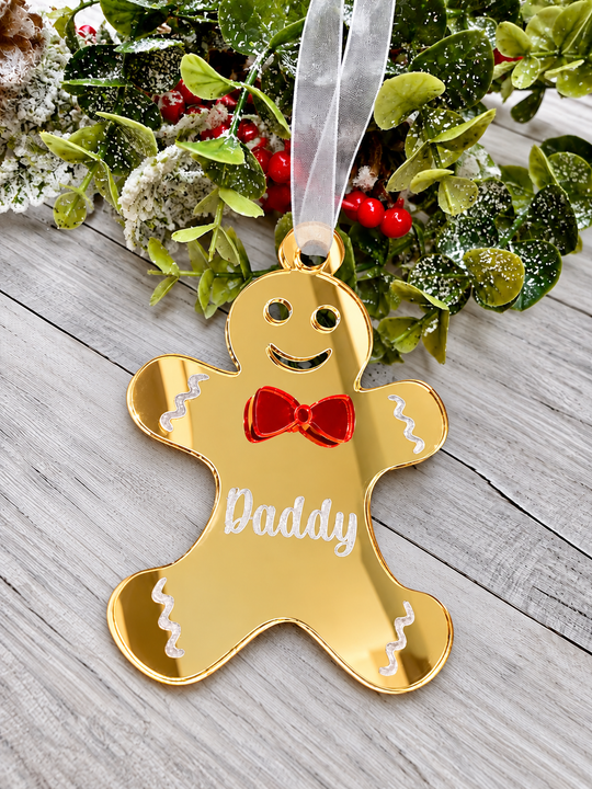Personalised gingerbread man Christmas decoration in gold mirrored acrylic