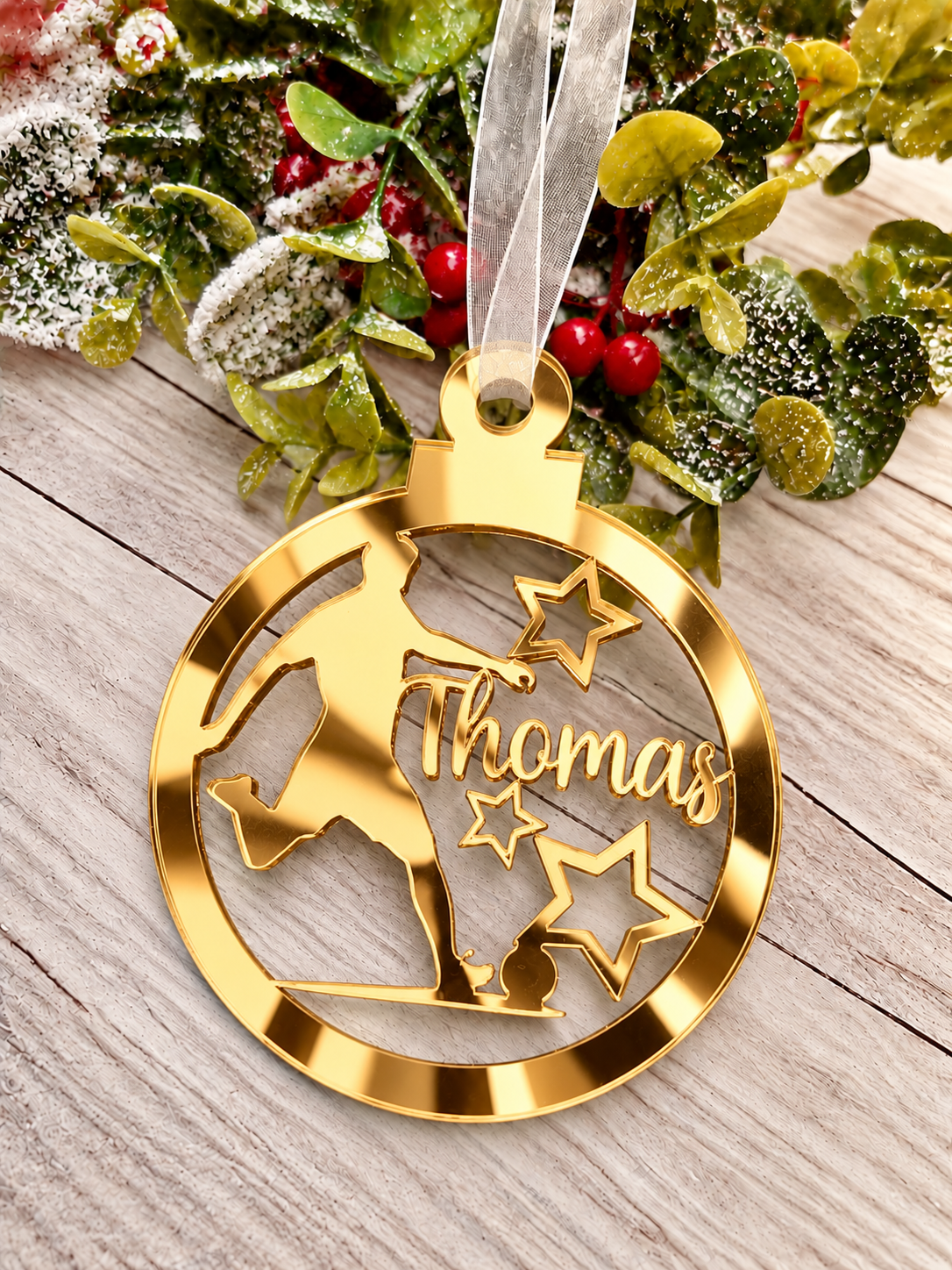 Load image into Gallery viewer, Personalised footballer Christmas decoration in gold mirrored acrylic
