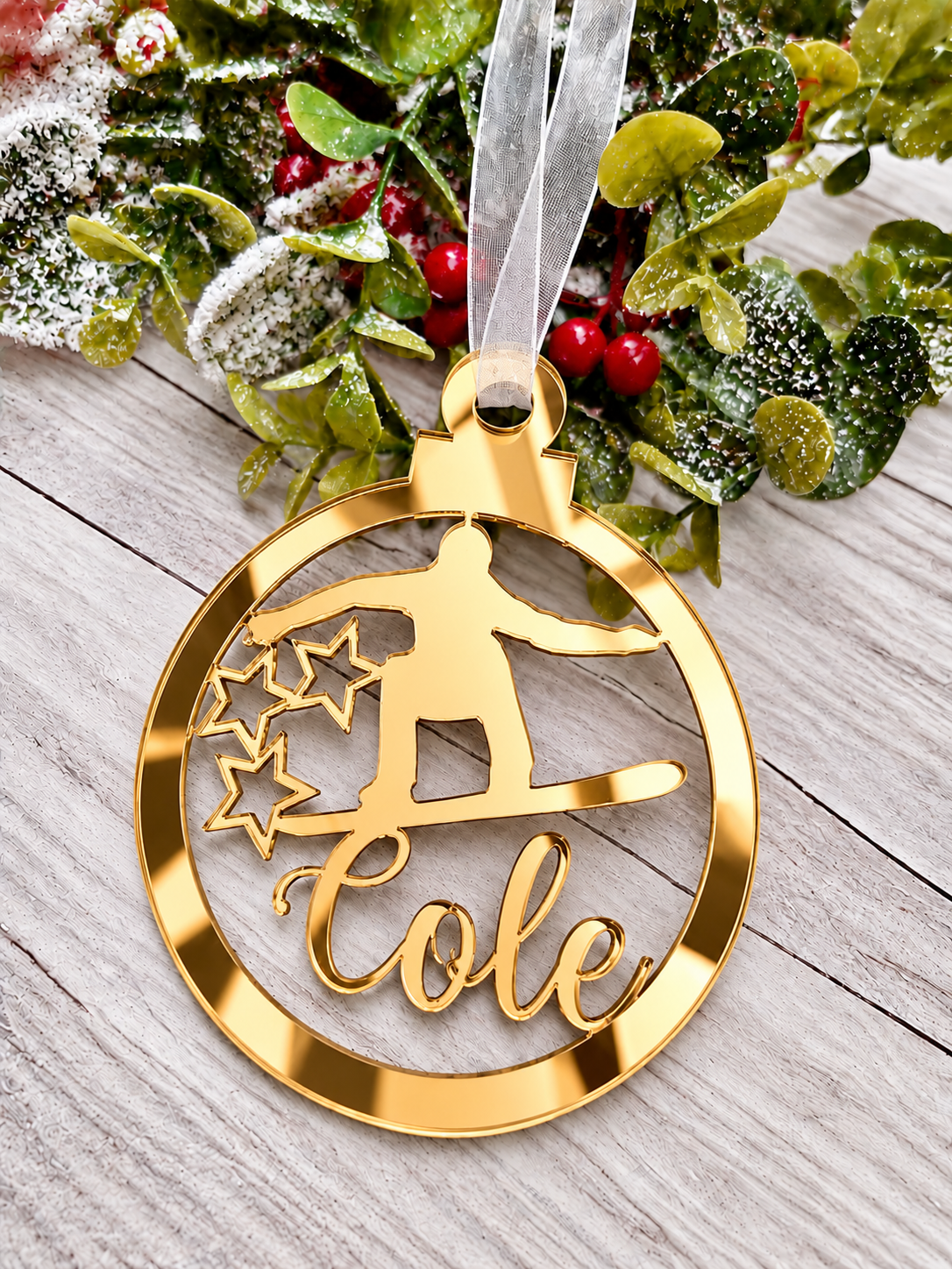 Load image into Gallery viewer, Personalised snowboarder Christmas decoration in gold mirrored acrylic
