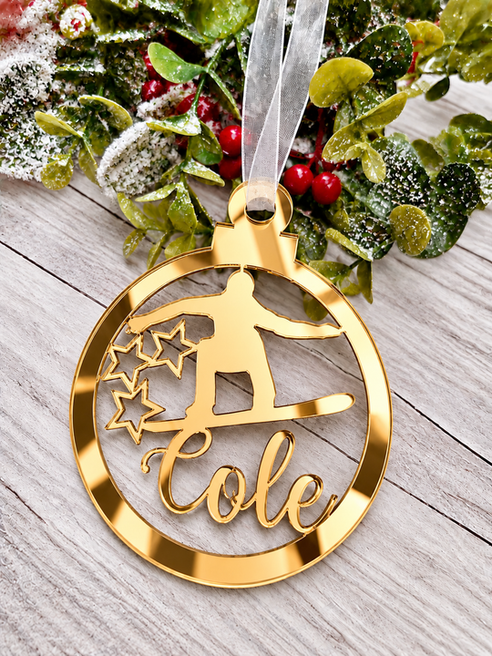 Personalised snowboarder Christmas decoration in gold mirrored acrylic
