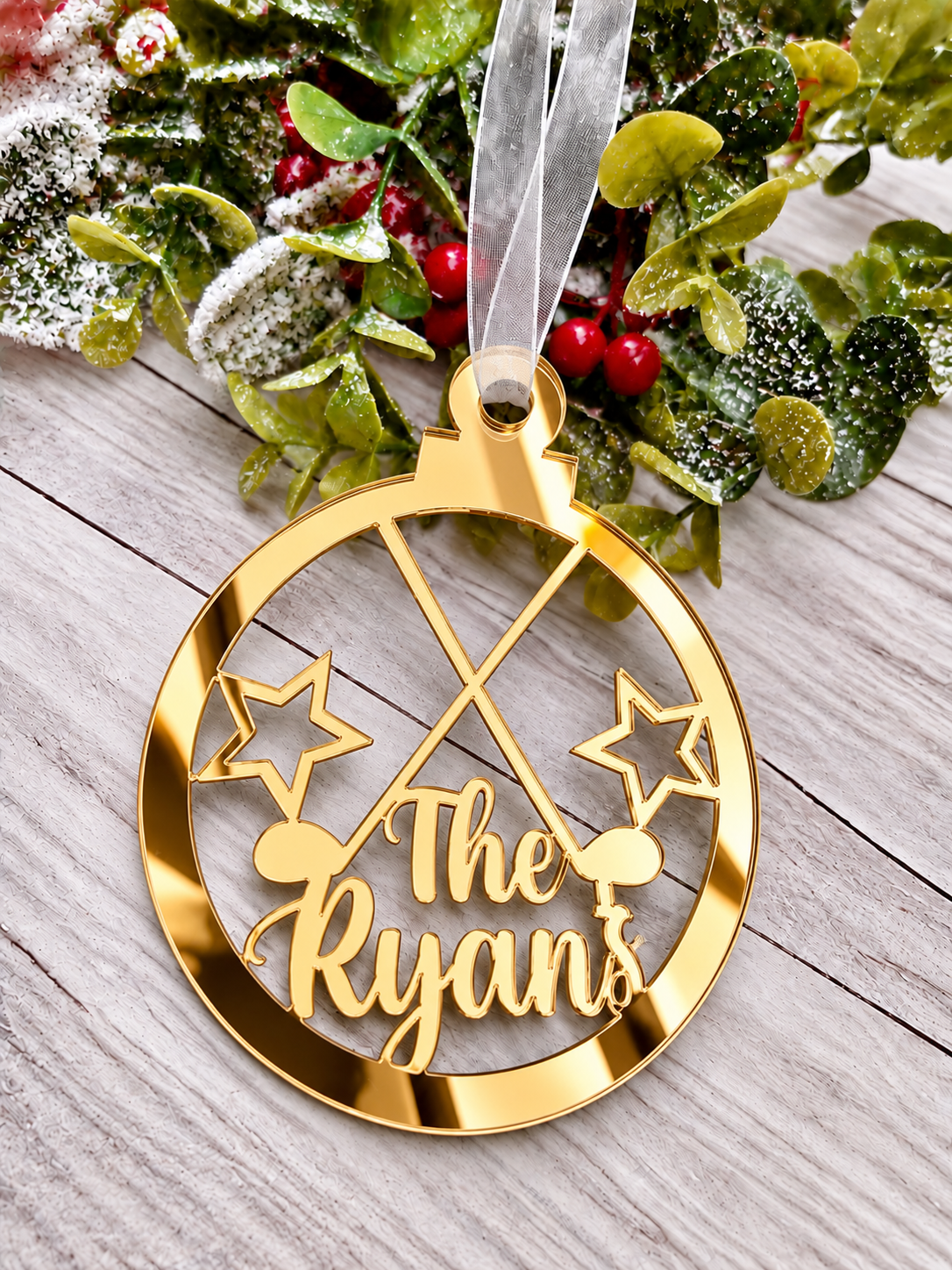 Load image into Gallery viewer, Personalised golf Christmas decoration in gold mirrored acrylic
