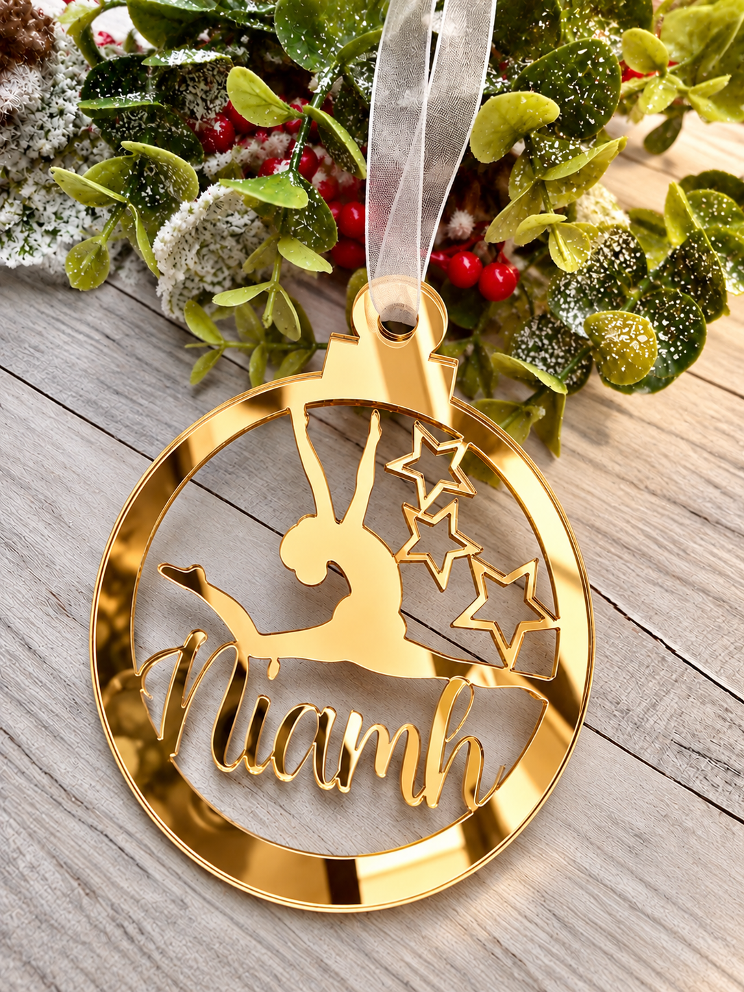 Load image into Gallery viewer, Personalised gymnast Christmas decoration in gold mirrored acrylic
