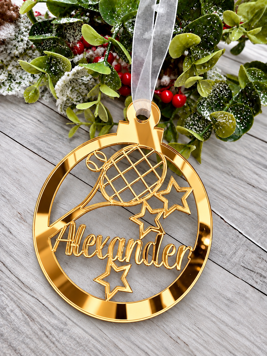Personalised tennis Christmas decoration in gold mirrored acrylic