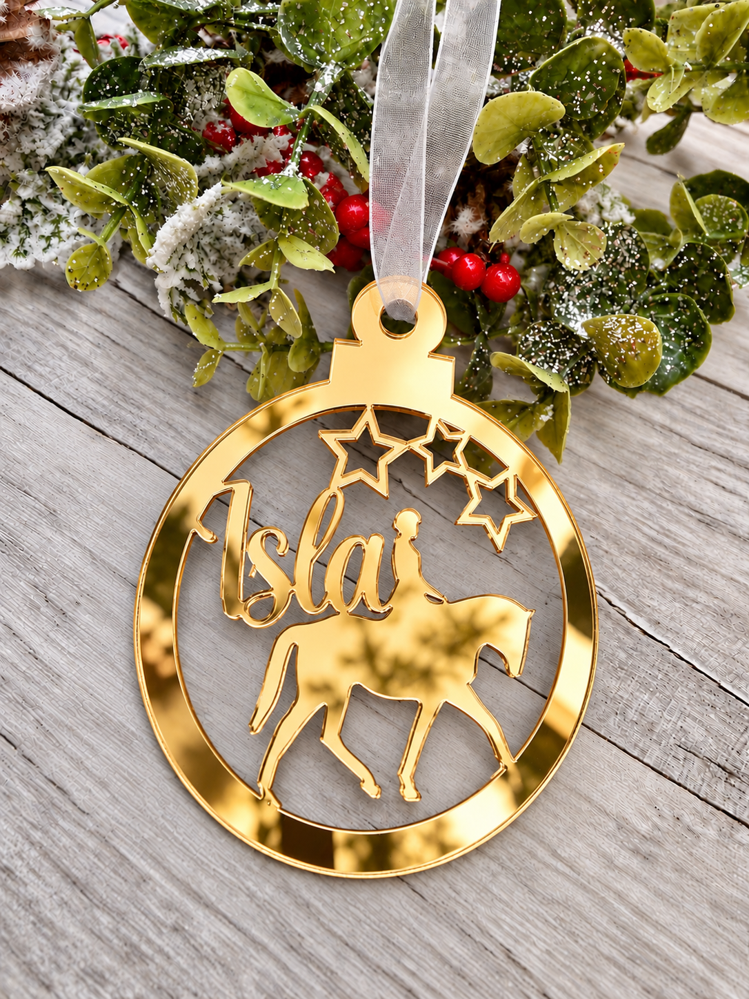 Load image into Gallery viewer, Personalised horse rider Christmas decoration in gold mirrored acrylic
