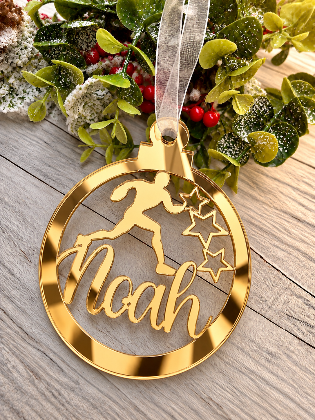 Load image into Gallery viewer, Personalised rugby Christmas decoration in gold mirrored acrylic
