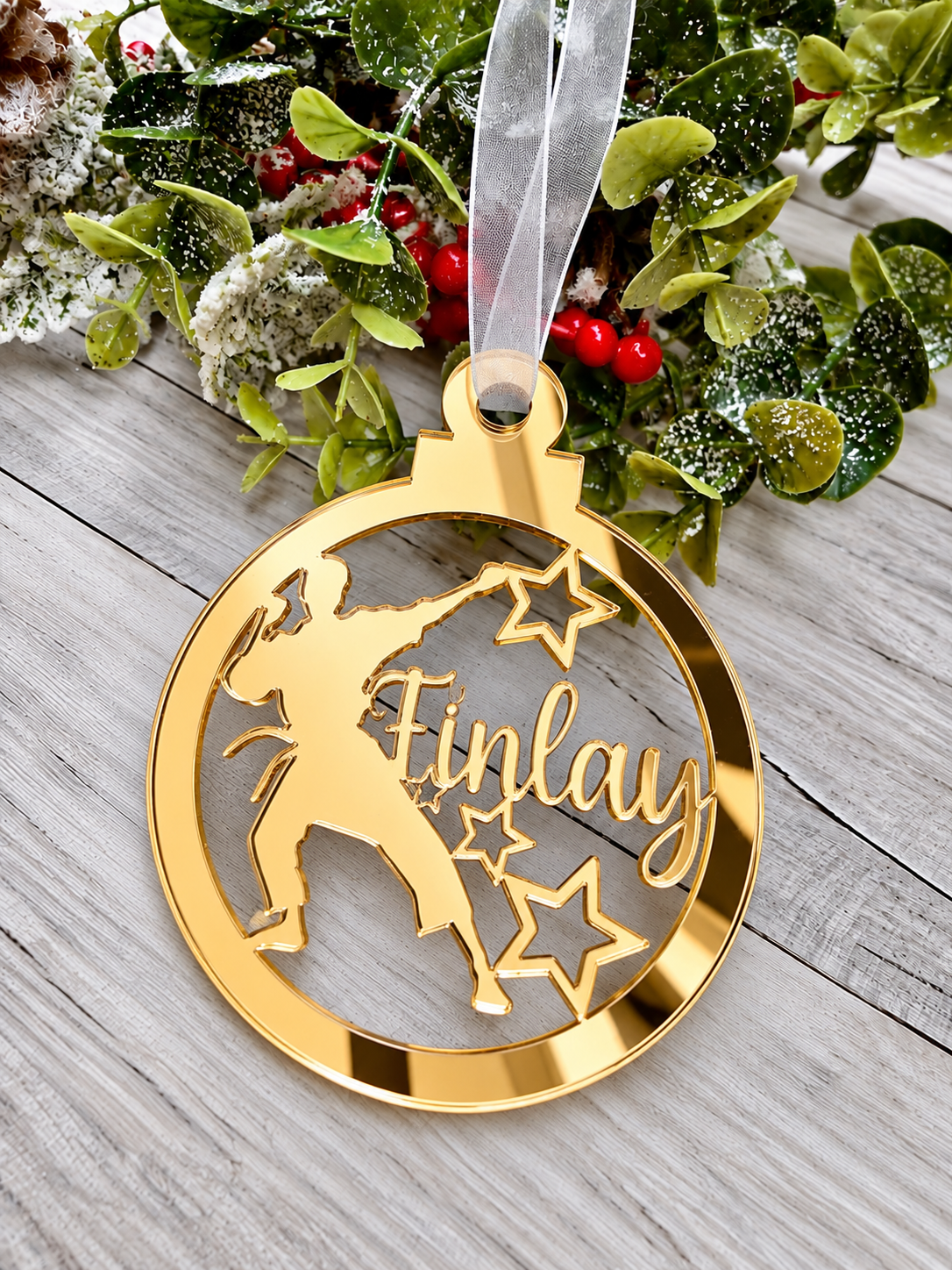 Load image into Gallery viewer, Personalised karate Christmas decoration in gold mirrored acrylic
