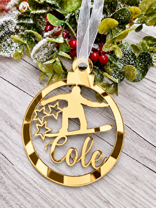 Personalised snowboarder Christmas decoration in gold mirrored acrylic
