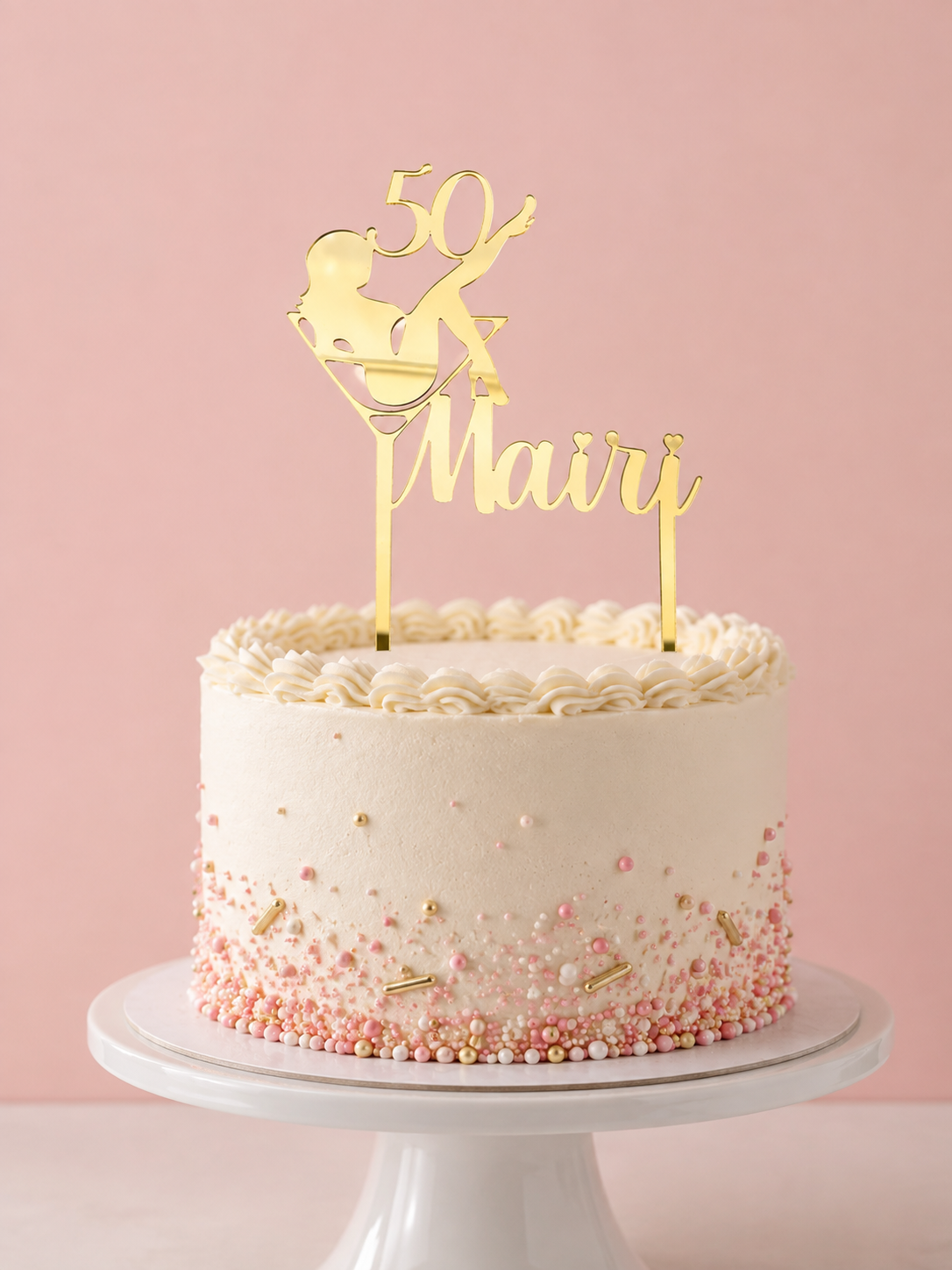 Load image into Gallery viewer, Close-up of personalised mirrored gold cocktail cake topper with glamorous woman design, birthday age and custom name.
