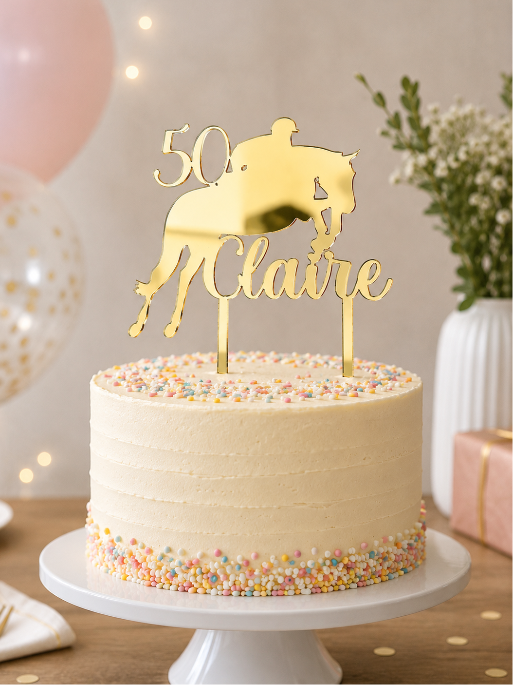 Load image into Gallery viewer, Personalised mirrored gold horse and rider birthday cake topper with custom name and age on a birthday cake.
