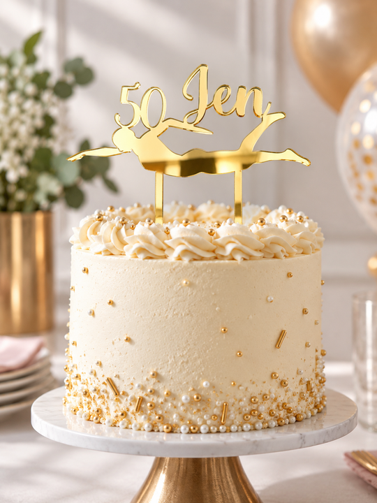Personalised swimmer birthday cake topper made from laser cut acrylic with custom name and age.