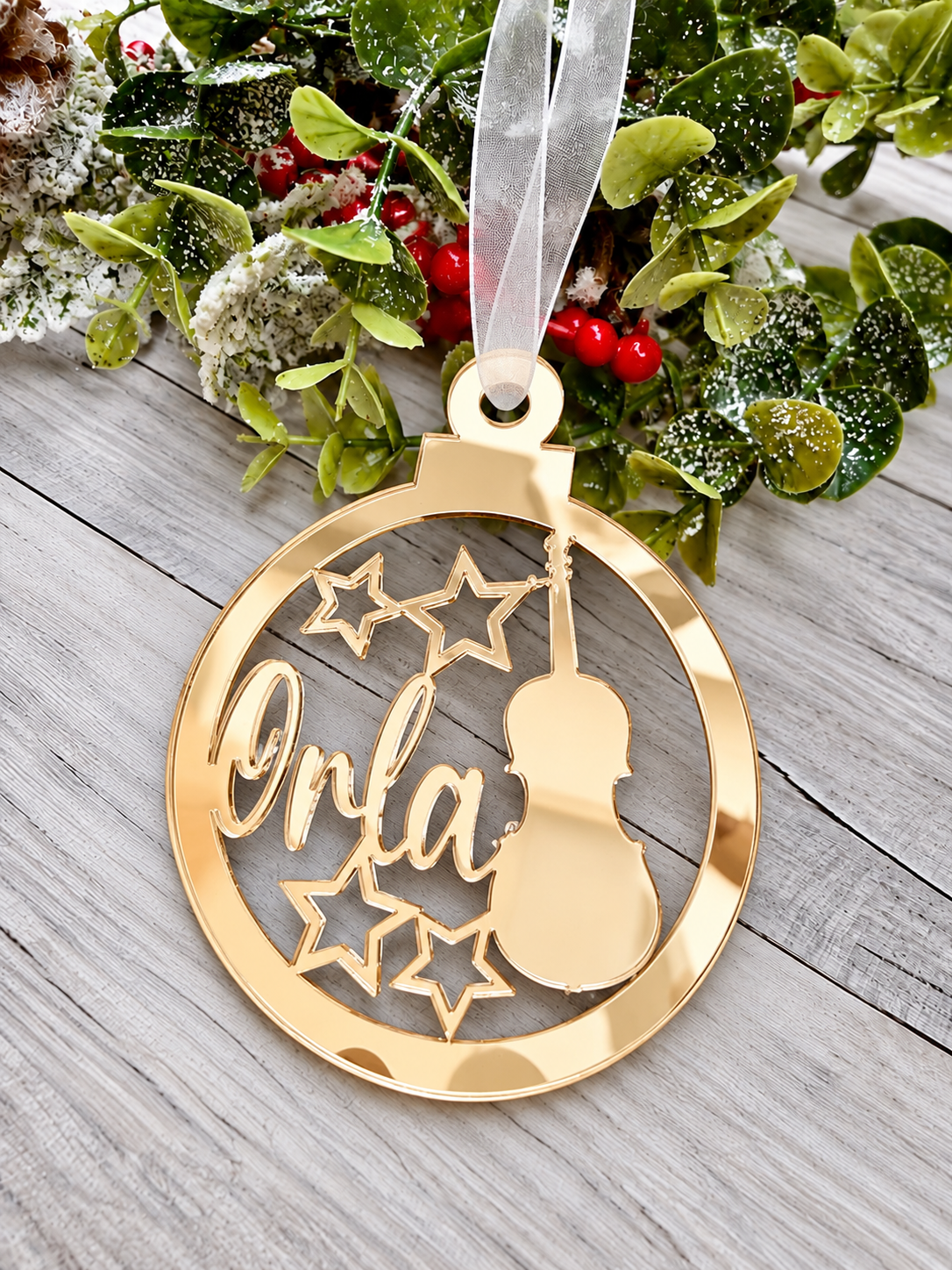 Load image into Gallery viewer, Personalised music Christmas decoration in gold mirrored acrylic
