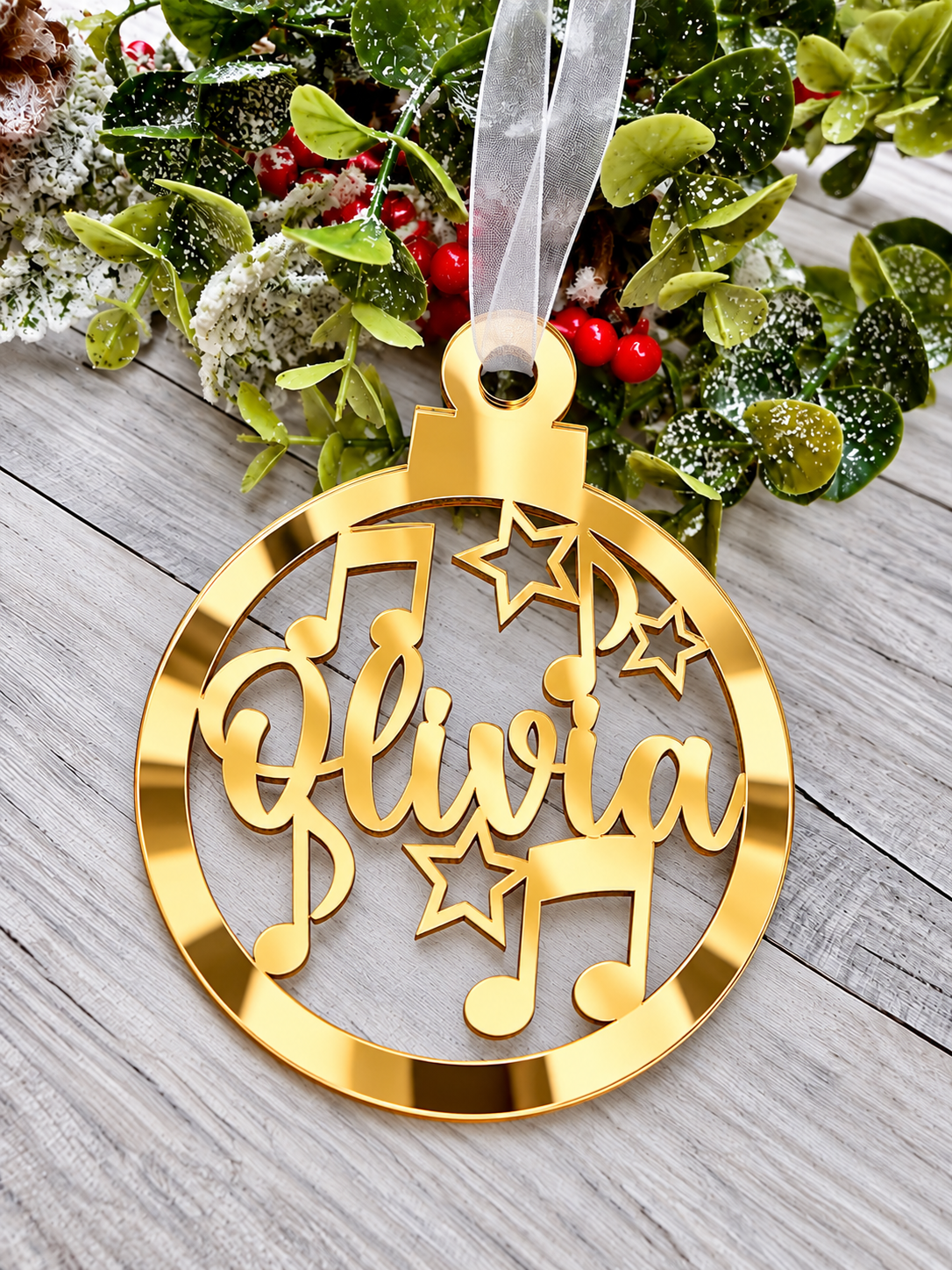 Load image into Gallery viewer, Personalised music notes Christmas decoration in gold mirrored acrylic
