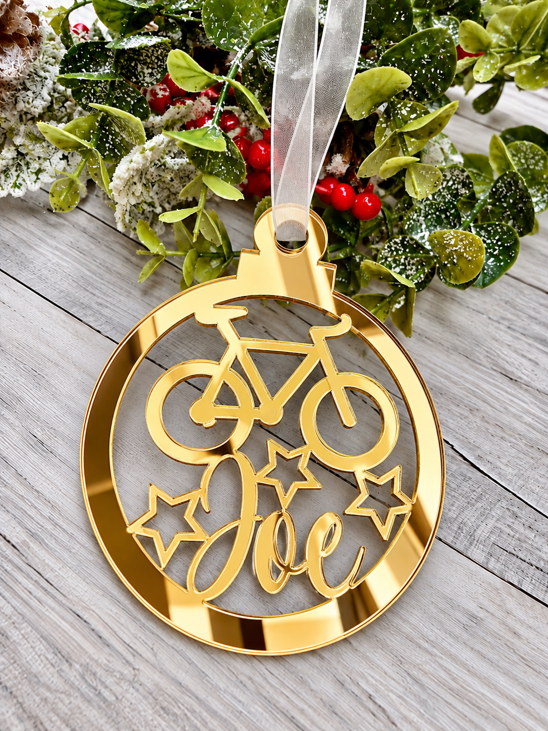 Load image into Gallery viewer, Personalised cyclist Christmas decoration in gold mirrored acrylic

