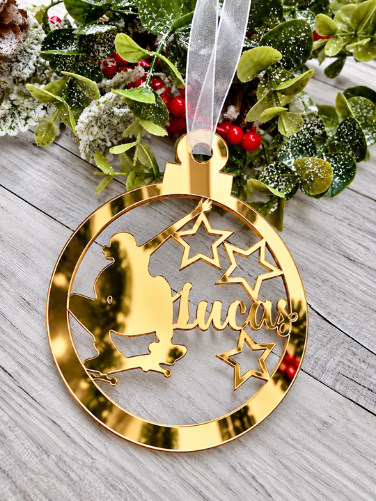 Personalised skateboarder Christmas decoration in gold mirrored acrylic