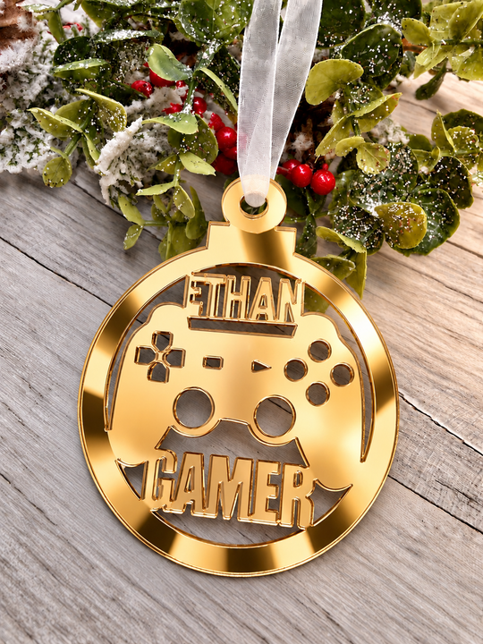 Personalised gamer Christmas decoration in gold mirrored acrylic