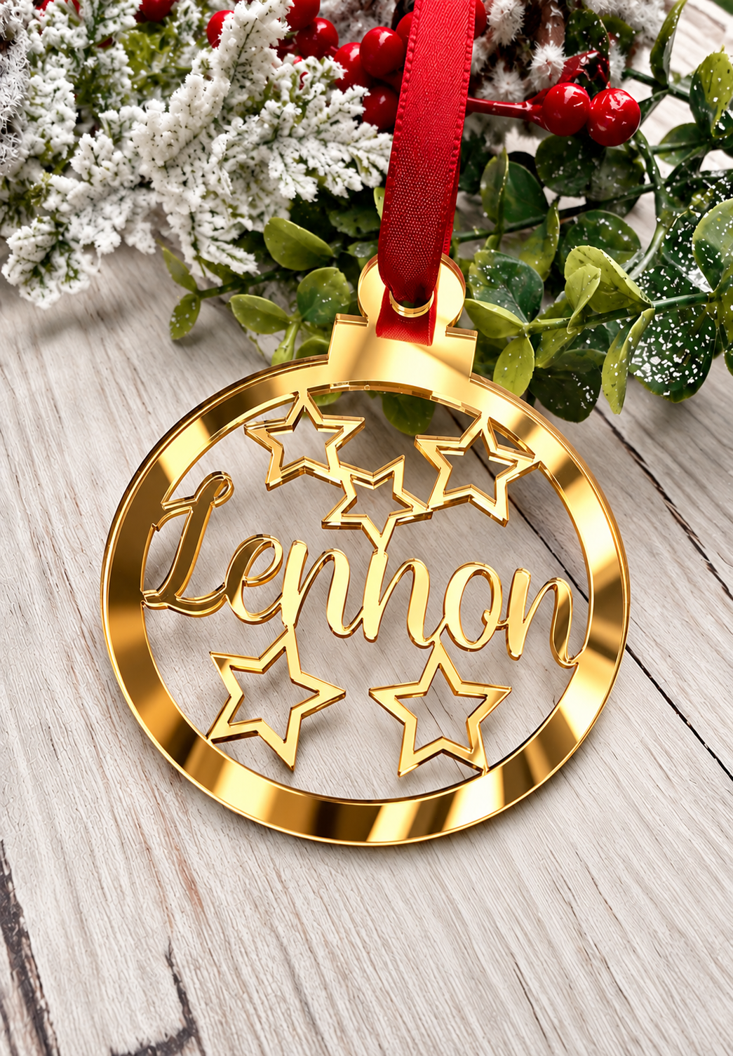 Load image into Gallery viewer, Personalised star Christmas decoration in gold mirrored acrylic
