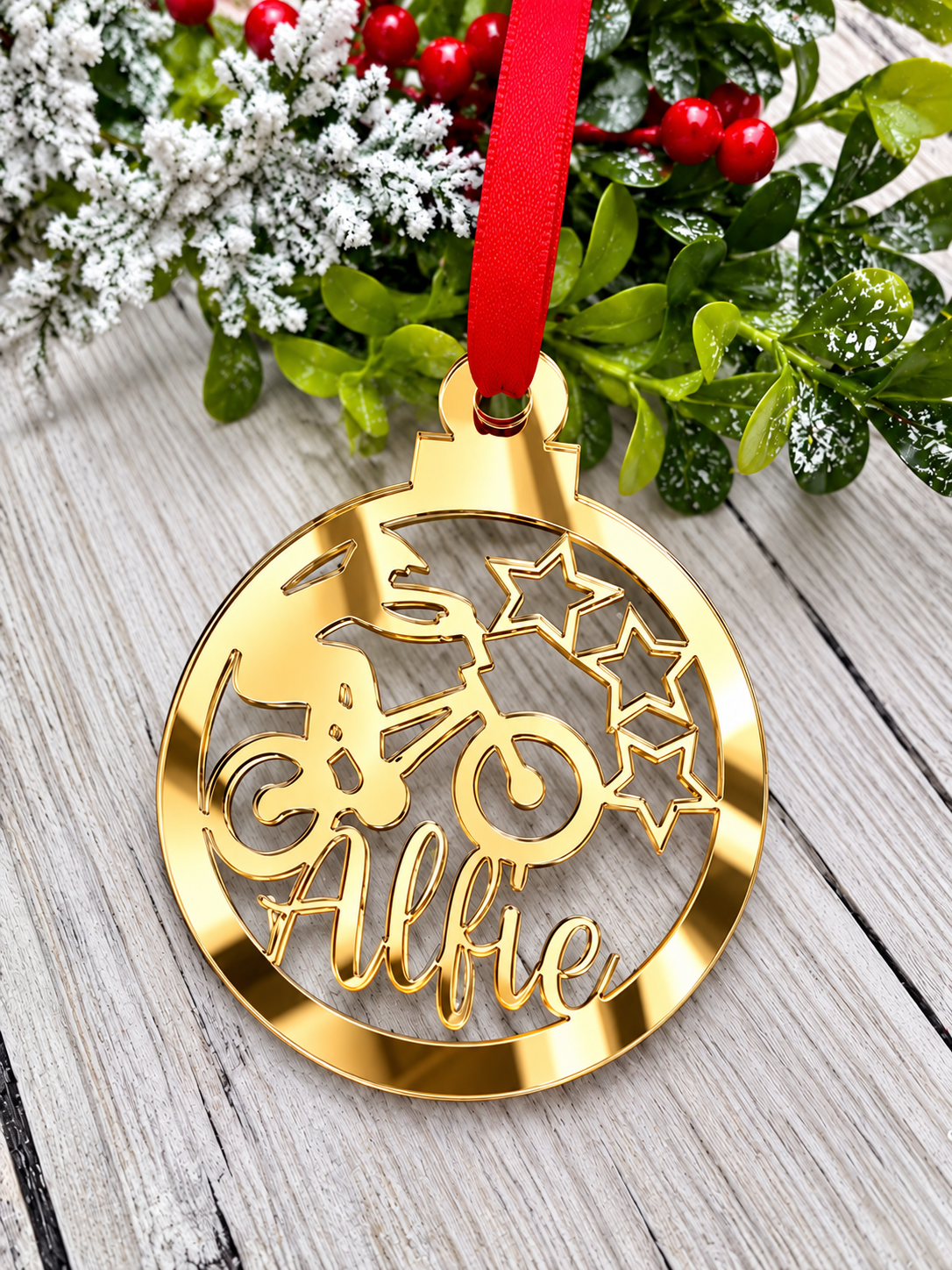 Load image into Gallery viewer, Personalised BMX Christmas decoration in gold mirrored acrylic
