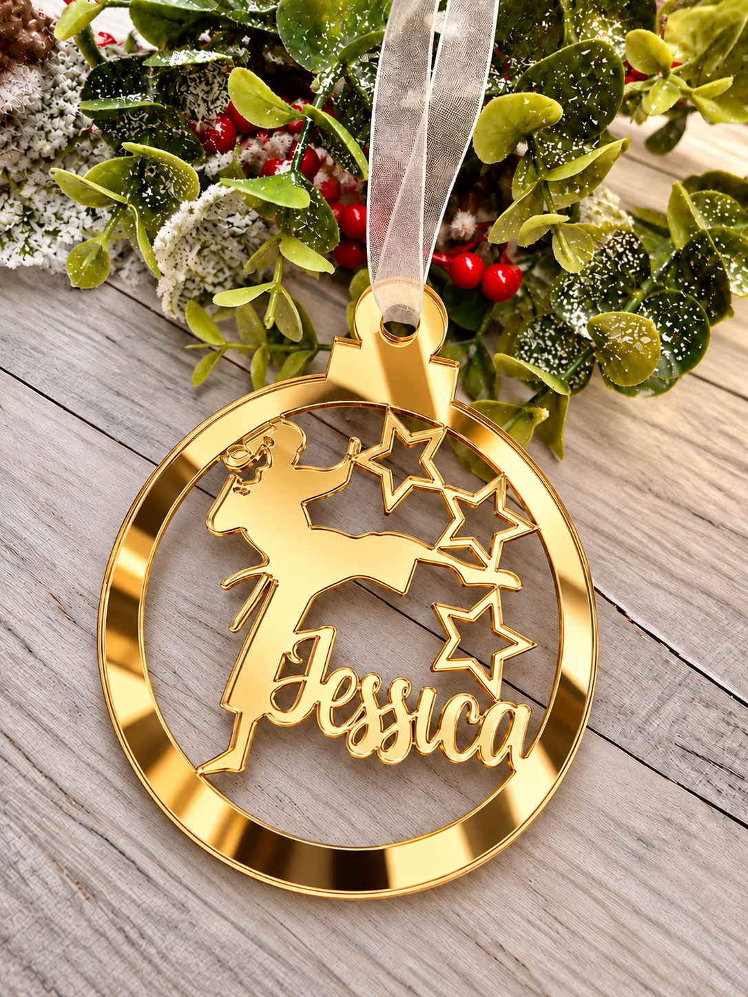 Load image into Gallery viewer, Personalised karate Christmas decoration in gold mirrored acrylic
