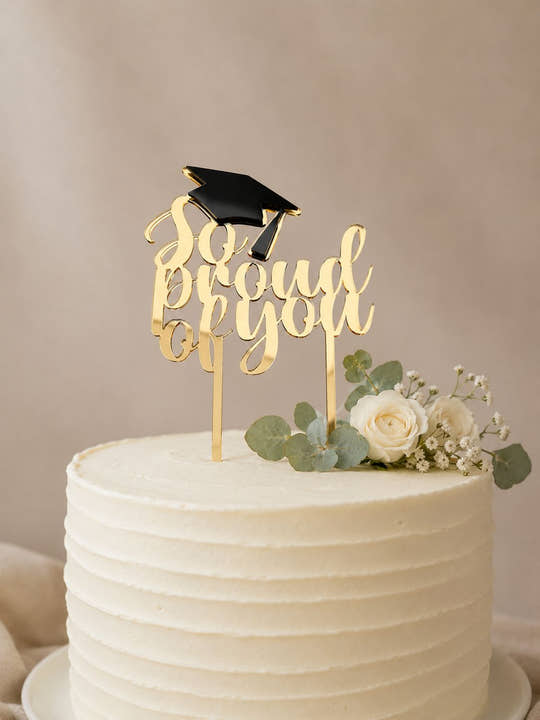 Elegant mirrored graduation cake topper for university and school graduation celebrations, handmade in the UK.