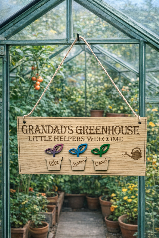 Custom Grandad’s Greenhouse wooden sign with watering can and plant design, perfect gift for gardeners and grandads.