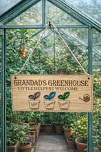 Load image into Gallery viewer, Custom Grandad’s Greenhouse wooden sign with watering can and plant design, perfect gift for gardeners and grandads.
