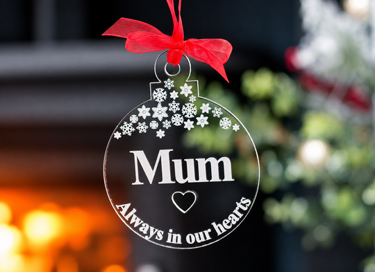 Mum Christmas memorial decoration with snowflakes, heart and Always in our hearts wording on clear acrylic