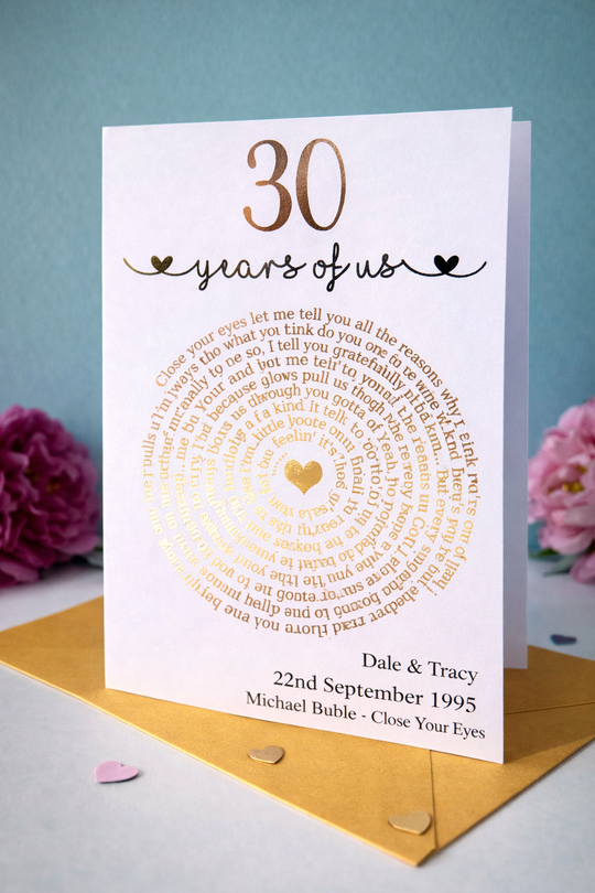 Personalised 30th wedding anniversary card featuring gold foil circular song lyrics heart, custom names and wedding date, pearl anniversary gift for husband and wife