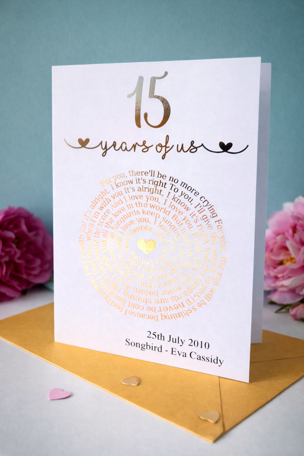Personalised 30th wedding anniversary card with gold foil heart song lyrics, custom names and date, pearl anniversary gift for couple