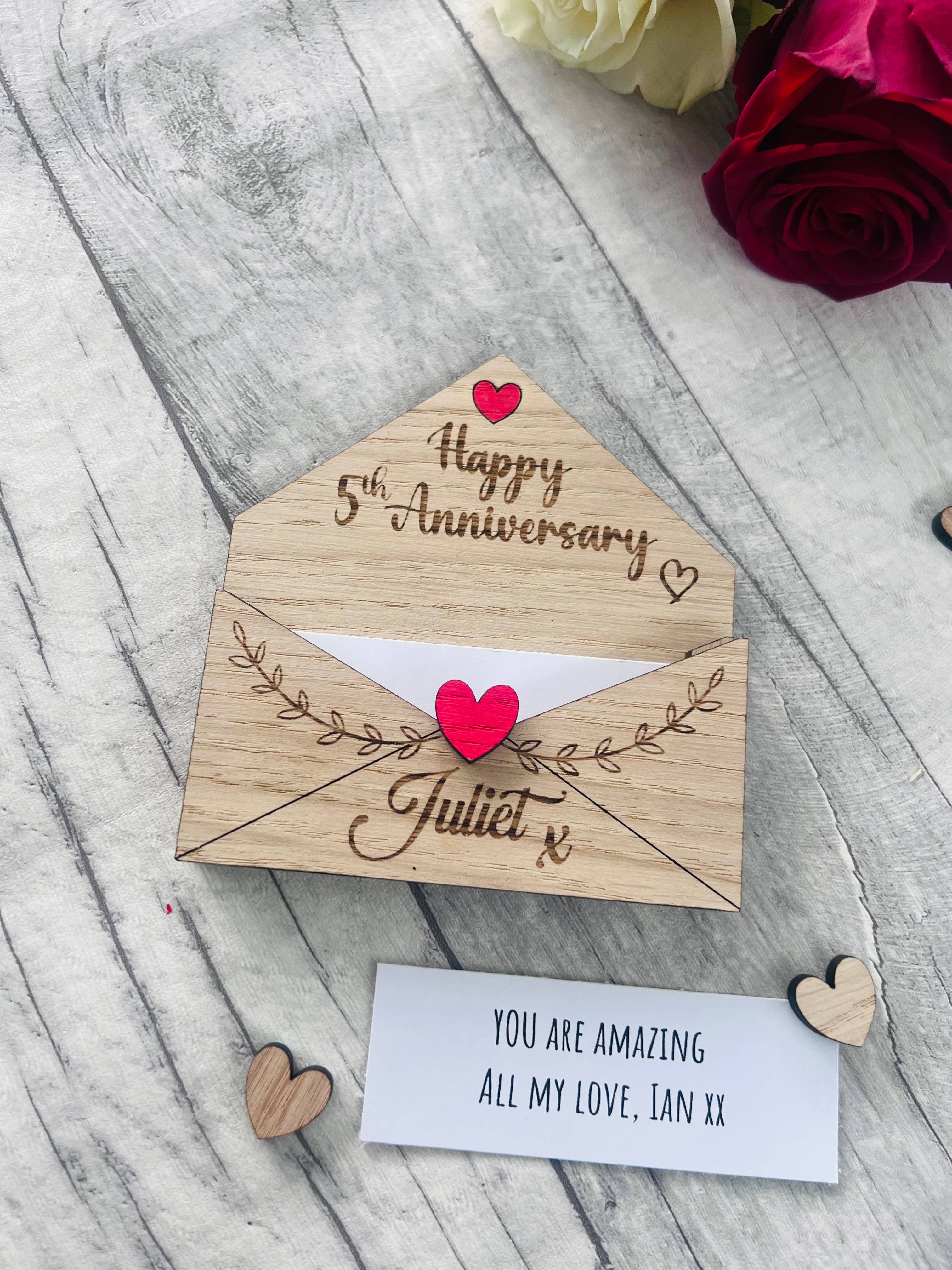 Personalised Wooden 5th Anniversary Gift - Engraved Love Letter Keepsake - Romantic Custom Envelope Design with Heart Detail