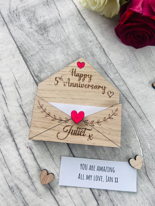 Personalised Wooden 5th Anniversary Gift - Engraved Love Letter Keepsake - Romantic Custom Envelope Design with Heart Detail