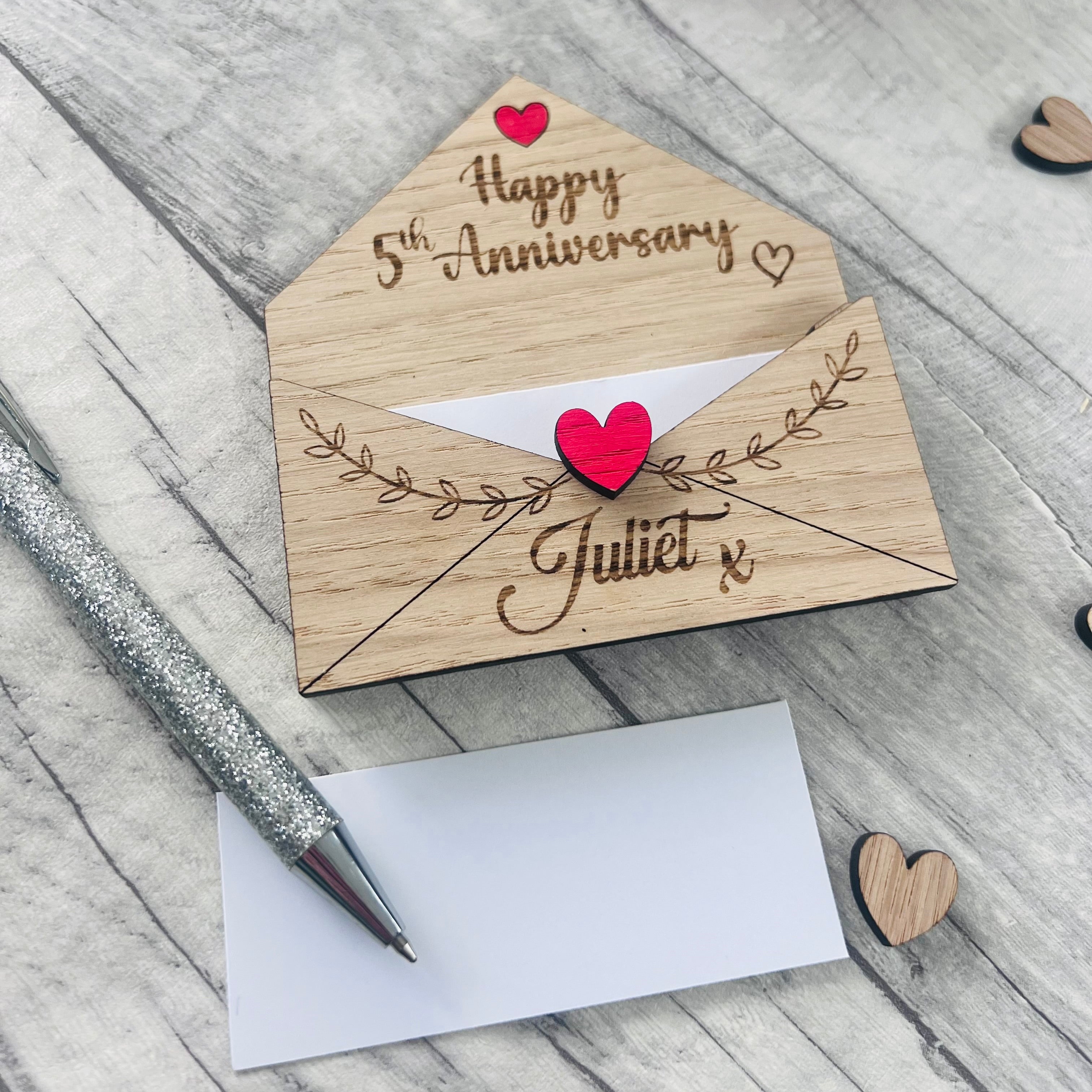 Load image into Gallery viewer, Personalised Wooden 5th Anniversary Gift - Engraved Love Letter Keepsake - Romantic Custom Envelope Design with Heart Detail
