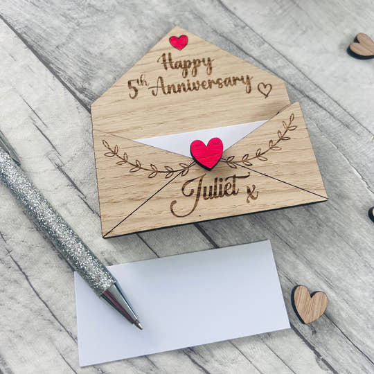 Personalised Wooden 5th Anniversary Gift - Engraved Love Letter Keepsake - Romantic Custom Envelope Design with Heart Detail