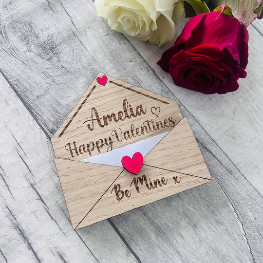 Personalised Wooden Valentine’s Gift - Engraved Love Letter Keepsake - Custom Romantic Envelope Design with Heart Detail