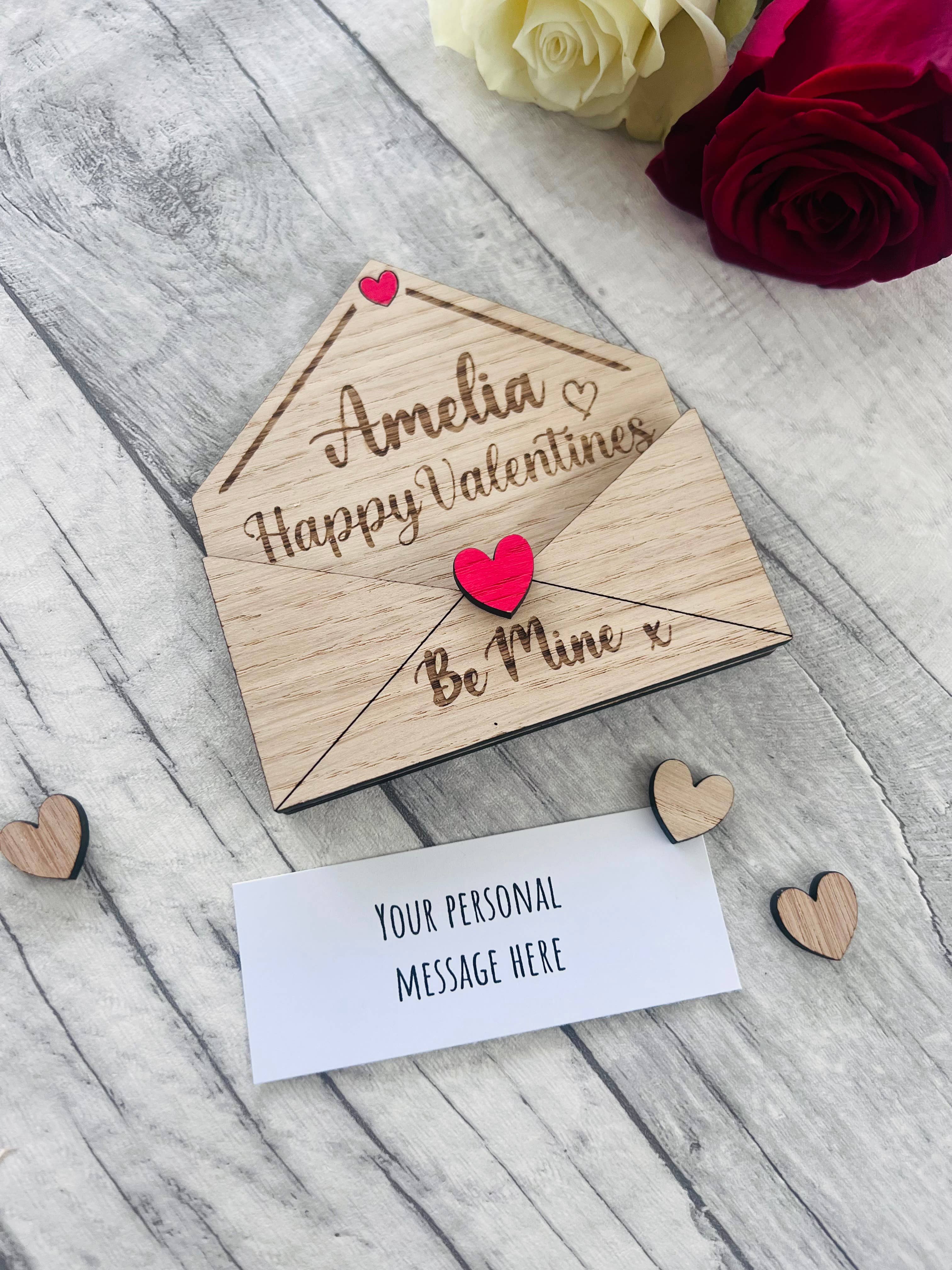Personalised Wooden Valentine’s Gift - Engraved Love Letter Keepsake - Custom Romantic Envelope Design with Heart Detail