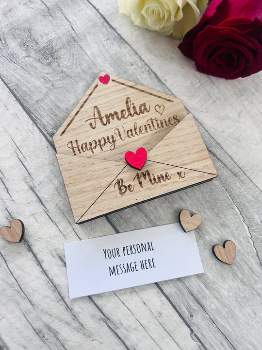 Personalised Wooden Valentine’s Gift - Engraved Love Letter Keepsake - Custom Romantic Envelope Design with Heart Detail