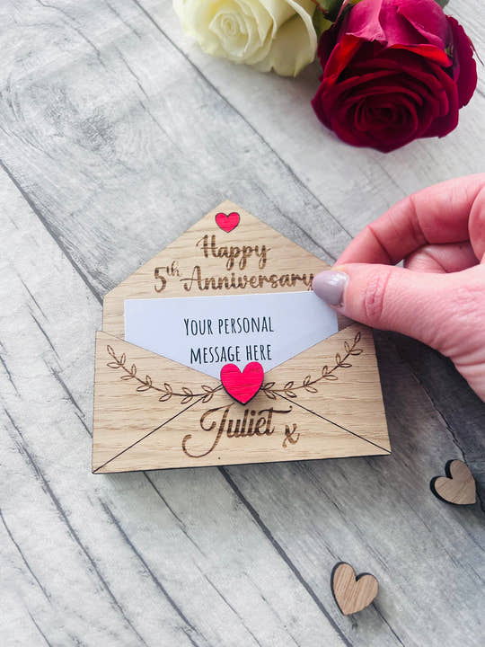 Personalised Wooden 5th Anniversary Gift - Engraved Love Letter Keepsake - Romantic Custom Envelope Design with Heart Detail