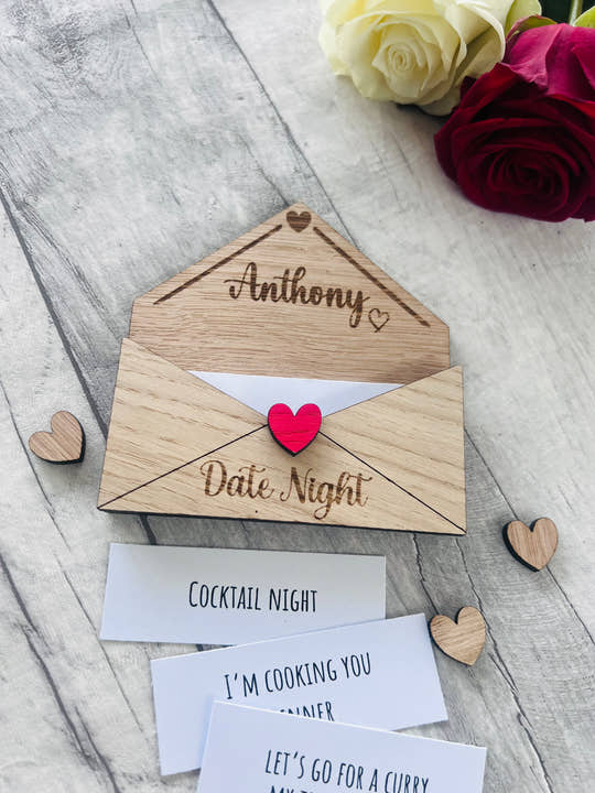 Personalised Wooden Date Night Gift - Engraved Love Letter Keepsake with Custom Name - Romantic Couples Gift with Surprise Date Ideas