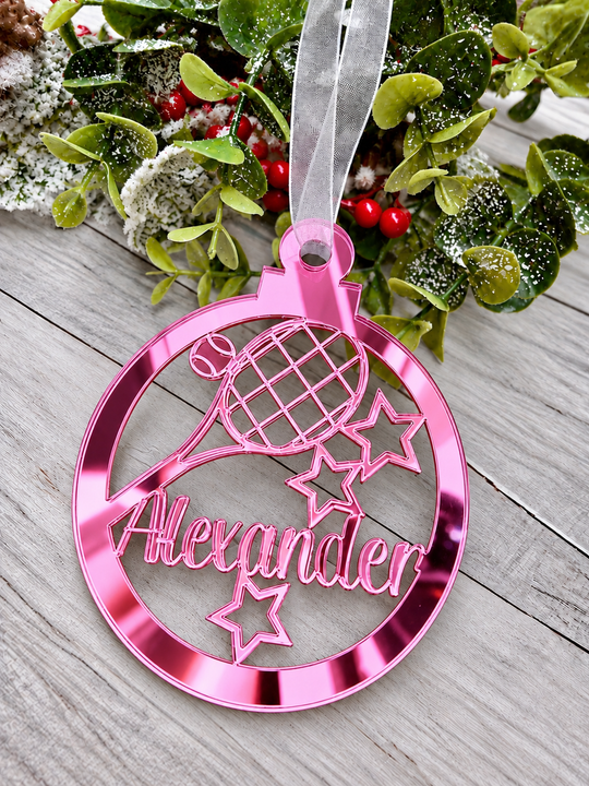 Personalised tennis Christmas decoration in pink mirrored acrylic