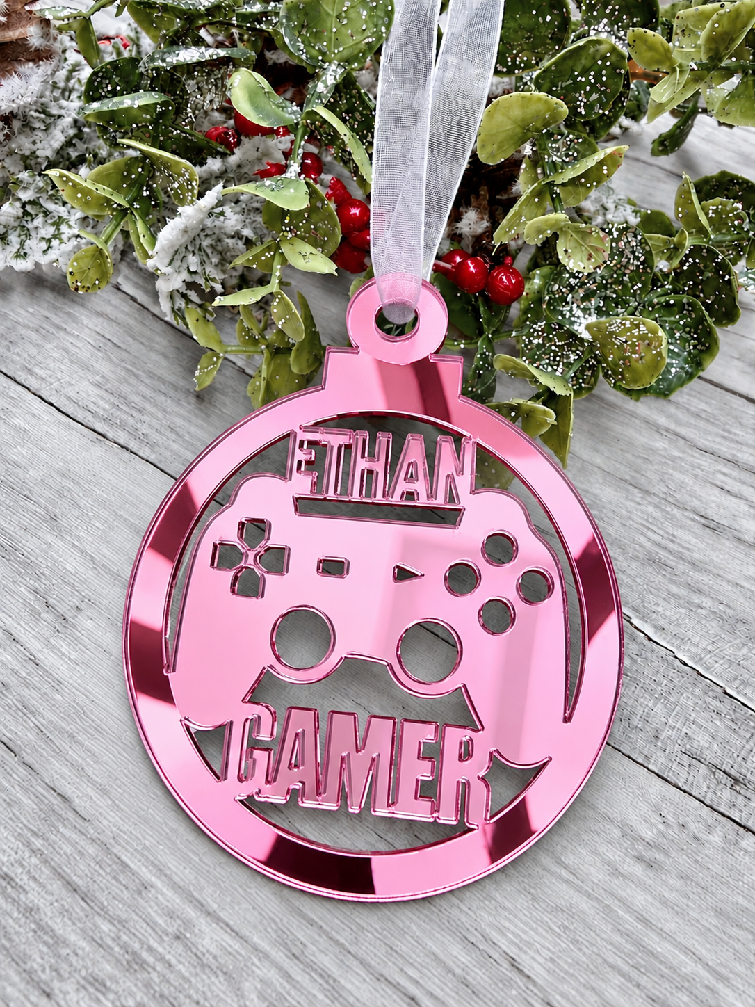 Load image into Gallery viewer, Personalised gamer Christmas decoration in pink mirrored acrylic
