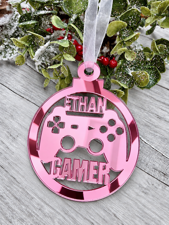 Personalised gamer Christmas decoration in pink mirrored acrylic