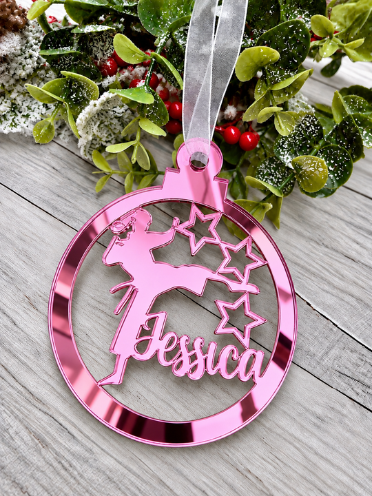 Personalised karate Christmas decoration in pink mirrored acrylic