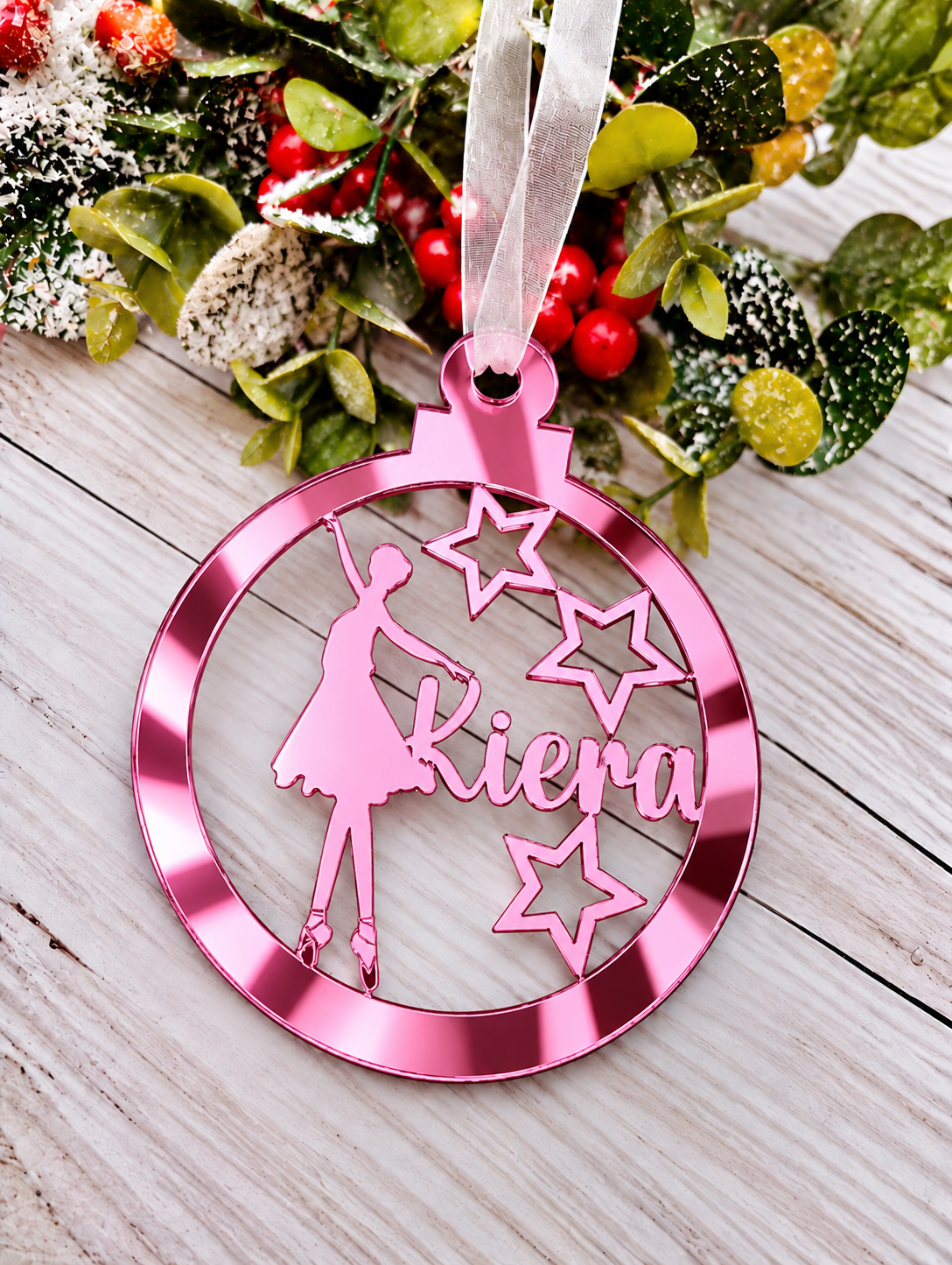 Load image into Gallery viewer, Personalised ballerina Christmas decoration in pink mirrored acrylic
