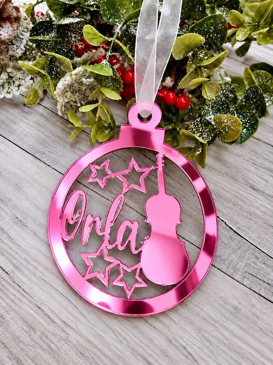Personalised music Christmas decoration in pink mirrored acrylic