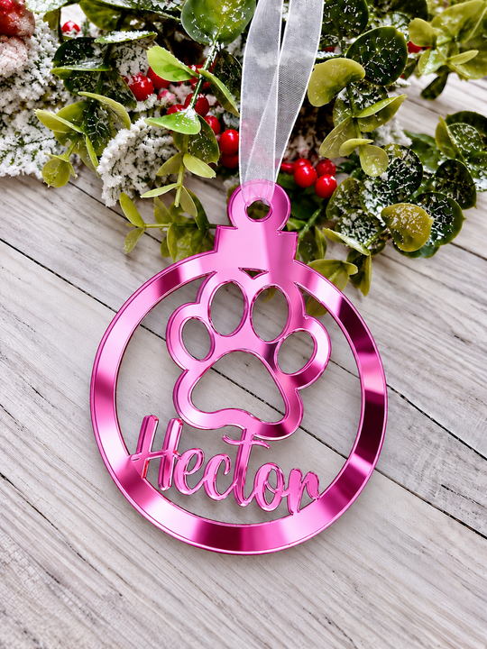 Personalised paw print Christmas decoration in pink mirrored acrylic