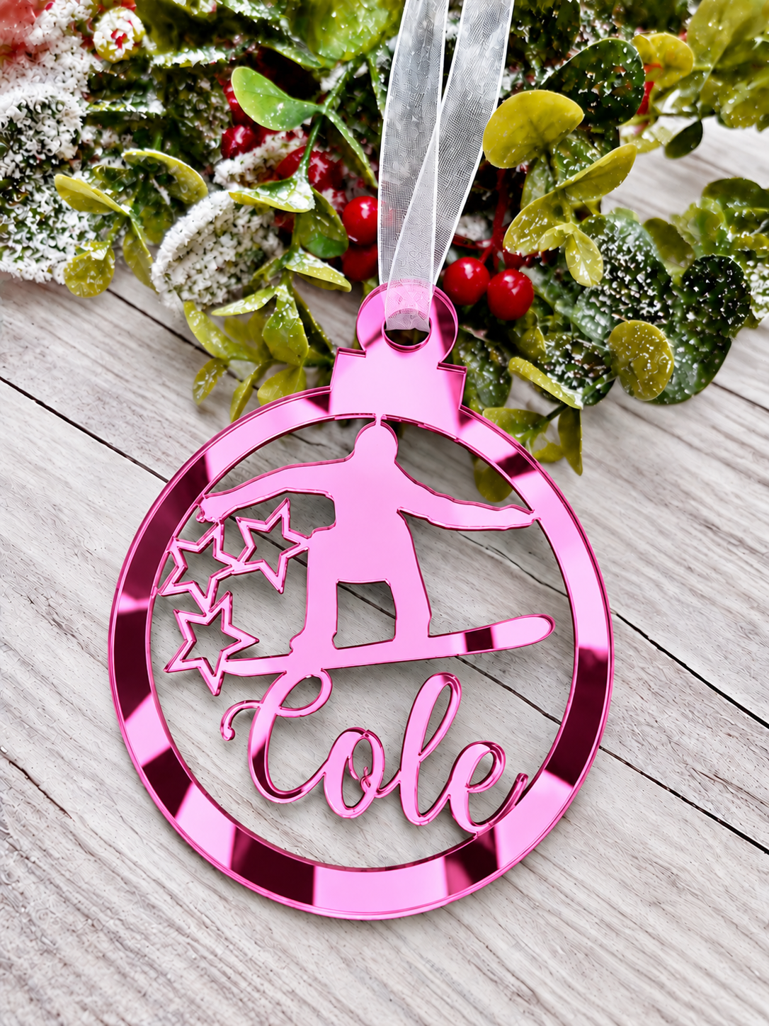 Load image into Gallery viewer, Personalised snowboarder Christmas decoration in pink mirrored acrylic
