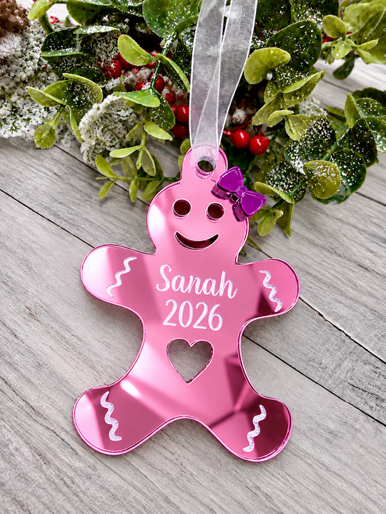 Personalised gingerbread lady Christmas decoration in pink mirrored acrylic