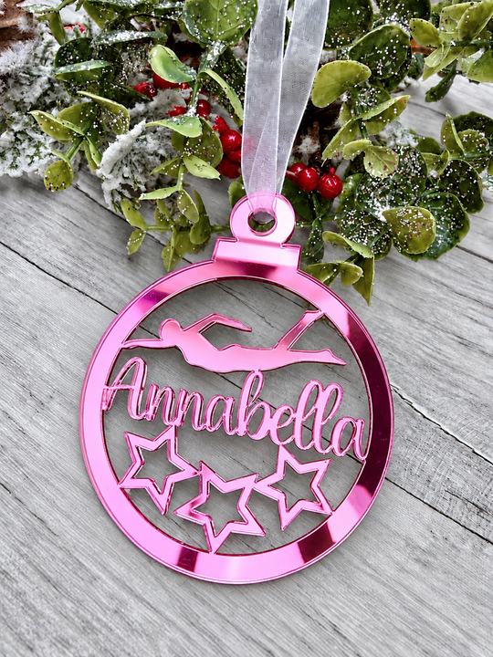 Personalised swimmer Christmas decoration in pink mirrored acrylic